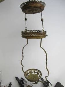 lot 72 image: Vintage Oil Lamp Wall Sconces & Antique Hanging Brass Lamp