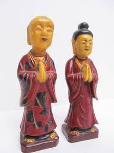 lot 88 image: Vintage Carved & Painted Wood Oriental Figures
