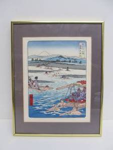 lot 89 image: Framed Signed Japanese Wood Block Print - Mount Fuji from Oi River
