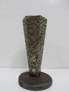 lot 112 image: Old Vintage Heavy Relief Metal Vase wDeer