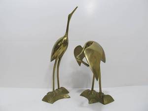 lot 124 image: Vintage Japanese Tall Brass Cranes Perched on Logs Statue