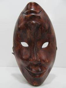 lot 125 image: Hand Carved Comedy  Tragedy, Happy & Sad Wood Mask Wall Art