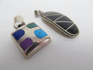 lot 130 image: Southwest Sterling Silver Necklace Pendants wInset Gemstones - Including Taxco