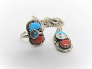 lot 132 image: Small Signed EFFIE C. Sterling Silver Turquoise & Red Cora ZUNI Matching Snake Ring & Pendant