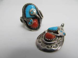 lot 133 image: Large Signed EFFIE C. Sterling Silver Turquoise & Red Cora ZUNI Matching Snake Ring & Pendant