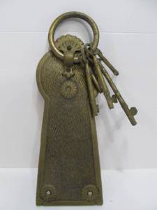 lot 230 image: Vintage Brass Door Plate wKeys 