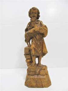 lot 171 image: Carved Vintage Figural Wood Carving - Young Man wLamb