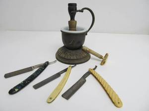 lot 259 image: Antique Silverplated Shaving MugBowl wRazors