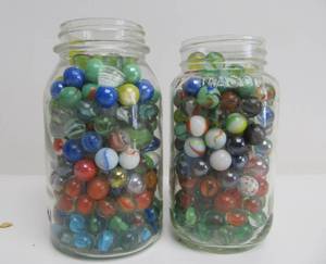lot 279 image: 2 Glass Jars Full of Vintage Marbles