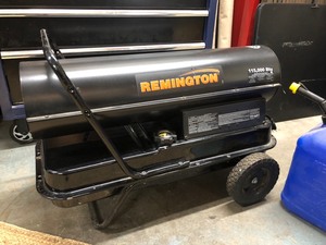 lot 5 image: Heavy Duty Like-New REMINGTON 115,000 BTU Forced Air Kerosene Heater wExtra Gas