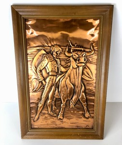 lot 333 image: Framed Vintage Mid Century Embossed Copper Matador & Bull Artwork