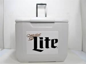 lot 253 image: Coleman Portable Miller Lite Advertisement Sticker Cooler with Wheels 50-Quart