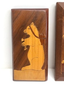 lot 345 image: Hand Made Signed Inlaid Wood Folk Art Bear wFish Wall Plaques by Chris Effrem