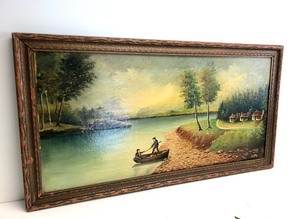 lot 348 image: Antique Folk Art Oil on Board Landscape River Scene Painting