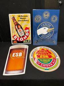 lot 41 image: Lot of 4 tin tackers Goose Island, Red Hook Blonde, and Red Hook ESB, NEW