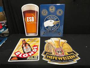 lot 31 image: Lot of 4 tin tackers ESB, Red Hook Blonde, Widmer Hefeweizen and Goose Island, NEW
