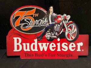 lot 13 image: Budweiser Sturgis 75th year tin tacker, NIB