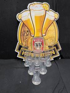 lot 116 image: Lot of 6 Widmer Signature Hefeweizen 12 Liter glasses with tin tacker, NIB New in Box