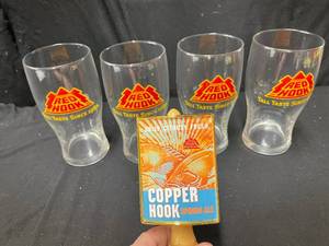 lot 168 image: Lot of 4 Red Hook pint glasses and Copper Hook Spring Ale tap handle
