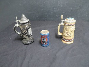 VINTAGE STEINS WITH VINTAGE BEER CAN