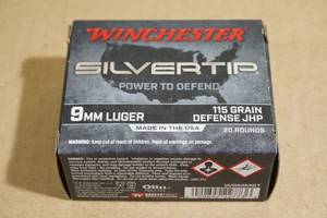 lot 57 image: 20 Winchester Silvertip 9mm Luger 115 Gr Defense JHP Ammo