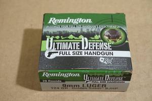 lot 58 image: 20 Remington Ultimate Defense 9mm Luger 124 Gr Golden Saber BJHP Ammo