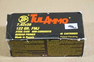 lot 115 image: 40 Tul Ammo 7.62 x 39mm 122 Gr FMJ Steel Case Ammo