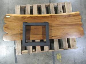 Solid Wood Live Edge Walnut Coffee Table With 2 small Metal Square Bases. Multiple Scratch And Dent. Approximate Dimensions 60 x 21 x 2 14 - Slight mold growth from sitting in warehouse (can be sandedremoved) NO RESERVE
