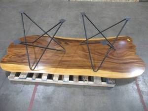 Solid Wood Live Edge Walnut Dining Table With 2 Large Metal Star Bases. Approximate Dimensions 104 x 42 x 2 14 - Slight Scratch and Dent, Slight mold growth from sitting in warehouse (can be sandedremoved) NO RESERVE