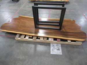 Solid Wood Live Edge Walnut Dining Table With 3 Large Metal Square Bases. Approximate Dimensions 104 x 42 x 2 14 - Slight Scratch and Dent, Slight mold growth from sitting in warehouse (can be sandedremoved) NO RESERVE