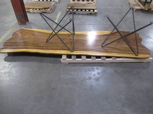 Solid Wood Live Edge Walnut Dining Table With 2 Large Metal Star Bases. Approximate Dimensions 126 x 44 x 2 14 - Slight Scratch and Dent, Slight mold growth from sitting in warehouse (can be sandedremoved) NO RESERVE