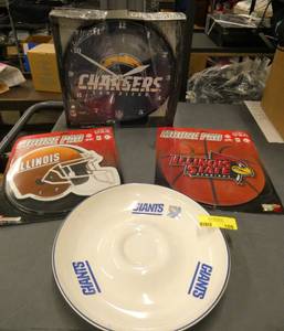 Four team items, chip and dip plate, mouse pads and clock