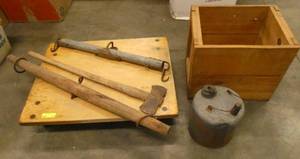 Vintage lot - stand, gas can, axe, wood crate, hanger, evener
