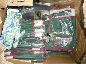 Box of garden tool aprons, shovels and gloves