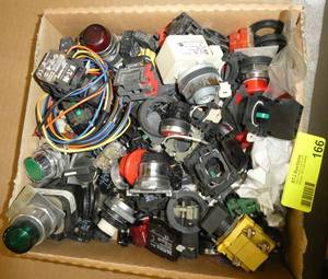 Box full of push button switches, relays and parts