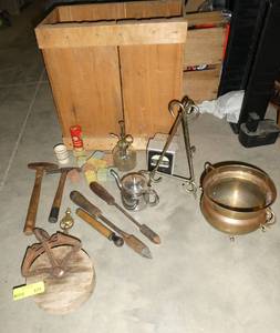 Bunch of Primitive tools in a wood crate