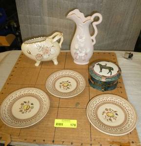 Unique european gravy boat, unique vase, there are 5 of the plates, and a horse trinket box