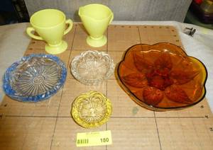 3 pretty glass ash trays, Fire King creamer and sugar, and a very neat flower bowl, all are free of any chips cracks or repairs