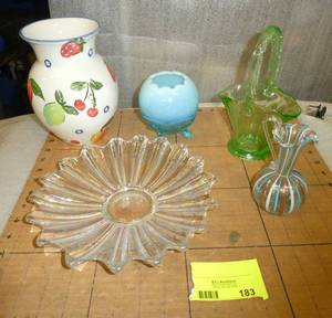Very pretty iridescent starburst plate, green glass basket, ribbon vase, egg vase and larger vase