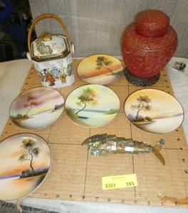 5 Nippon china plates, vintage tea box, red lacquer container and abalone scale fish