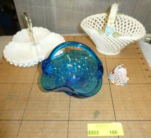 Hobnail 3 section pickle dish, blue glass basket, plaster rope weave basket and bell.  All are free of any chips or damage