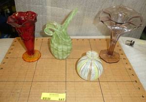 Four nice glass pieces, oil pitcher with long snout, ribbon vase, iris vase, red vase
