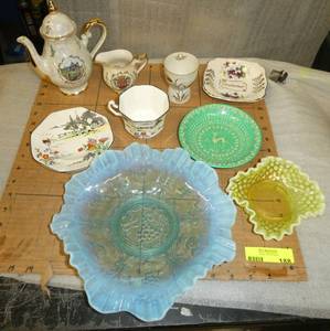 Group of glass and ceramic kitchenware, blue grapes pattern ruffled serving dish, yellow with white hobnail candy dish, fancy ceramic tea pot and creamer