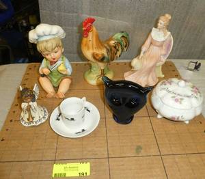 Misc grouping, boy cutting onion, rooster that is a pot pourri type, art glass owl paperweight, very cute angel ornament and Harmony amish tea cup