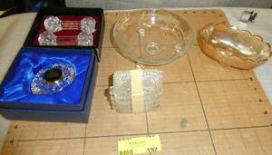 Waterford crystal clock, Andrea glass knife rests, two vintage dishes and 4 vintage glass ash trays