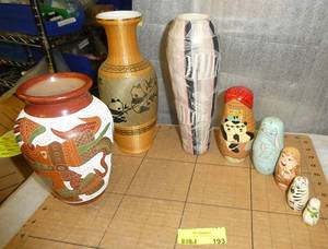 3 unique vases - pottery, glass covered with bamboo and stone.  And Noah Nesting dolls