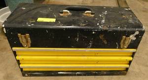 Metal toolbox with drawers and some tools