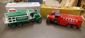 2 Diecast collectible banks Texaco oil tanker and Conoco Barrel truck
