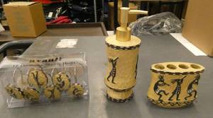 Bathroom dcor - group of Soap dispenser, Shower hooks, Toothbrush holder, all SW Kokopelli design