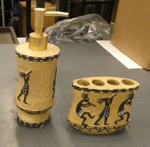 Bathroom dcor - group of Soap dispenser, Soap Dish, Toothbrush holder, all SW Kokopelli design